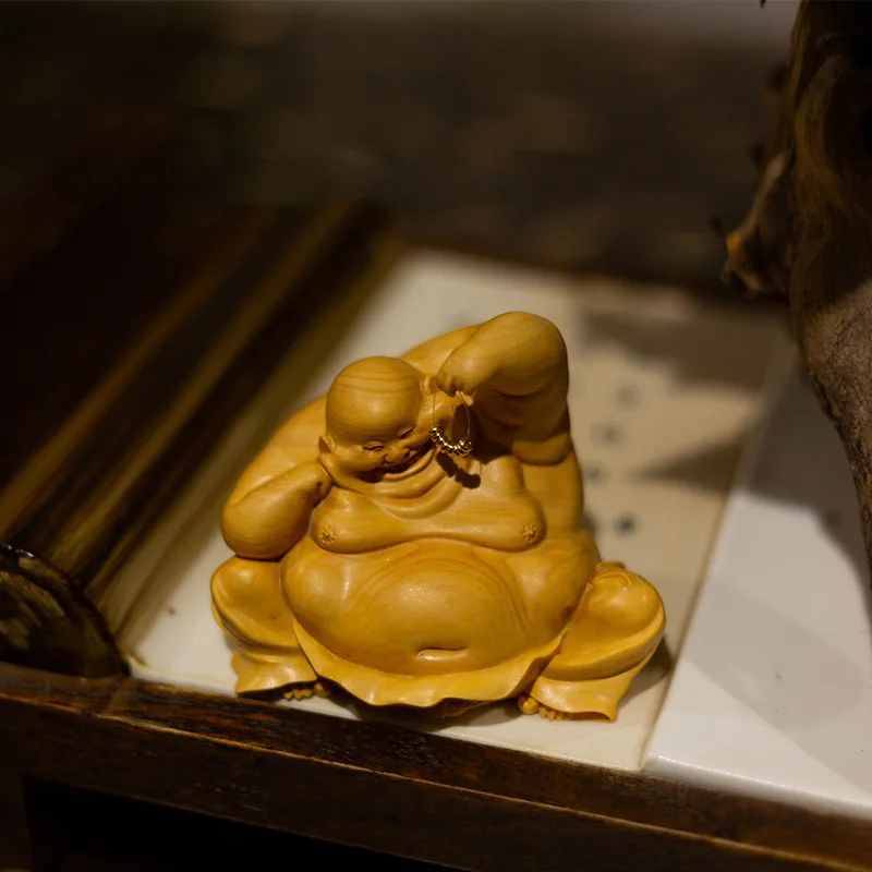 

XS225-5/9CM Hand Carved Boxwood Carving Figurine Buddha Statue Home Decor -Happy Maitreya Feng Shui Sculpture