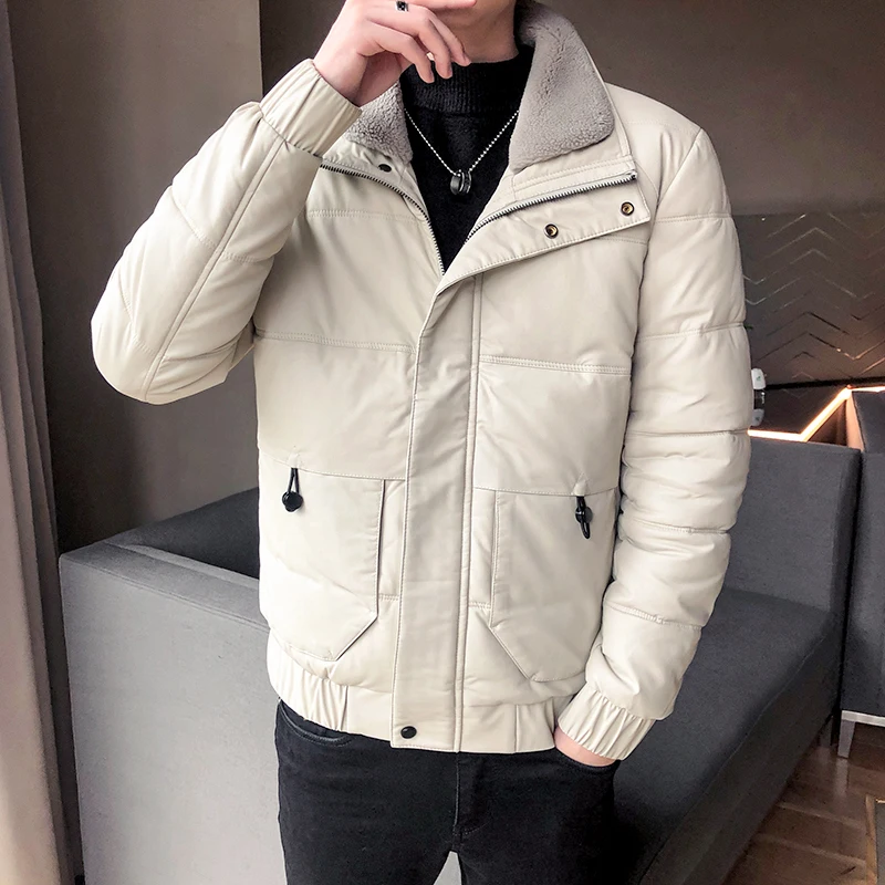 Зимний теплый мужской мотоциклетный кожаный пуховик пальто с воротником из