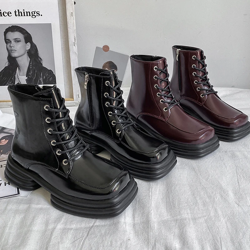 

Women Martin Boots Fashion Square Toe Lace Up Shoes Female Spring Autumn Med Heels Shoes Ladies British Style Ankle Short Boots