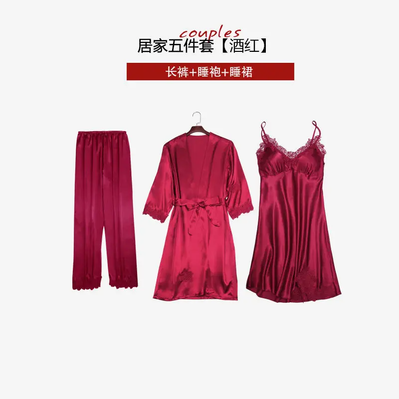 burgundy C Женские пижамы, 5 шт., атласные пижамные комплекты одежда для сна, шелковая Домашняя одежда с вышивкой, пижама с кружевами и нагрудники - Цвет: burgundy C
