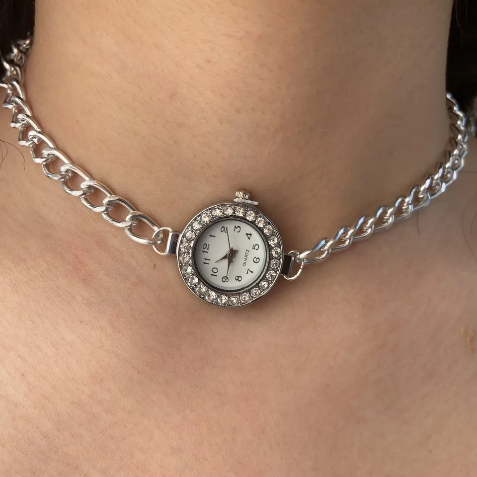 

Vintage Harajuku Style SIlver Color Chain Collars Chokers Punk Simple Clocks Statement Necklaces For Women Fashion Jewelry Kolye