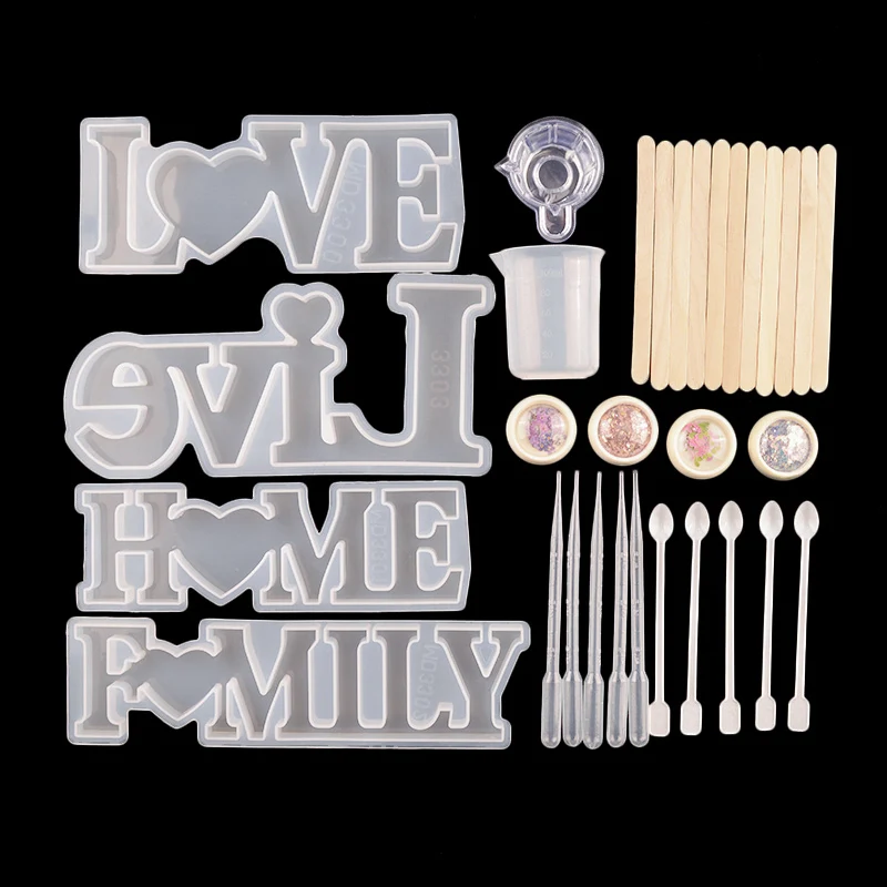 39 Pcs Jewelry Tools Set Letter Resin Silicone Molds Dropper Stirring Rod Finger Cots Measure Cup For Diy Epoxy UV Crystal Craft