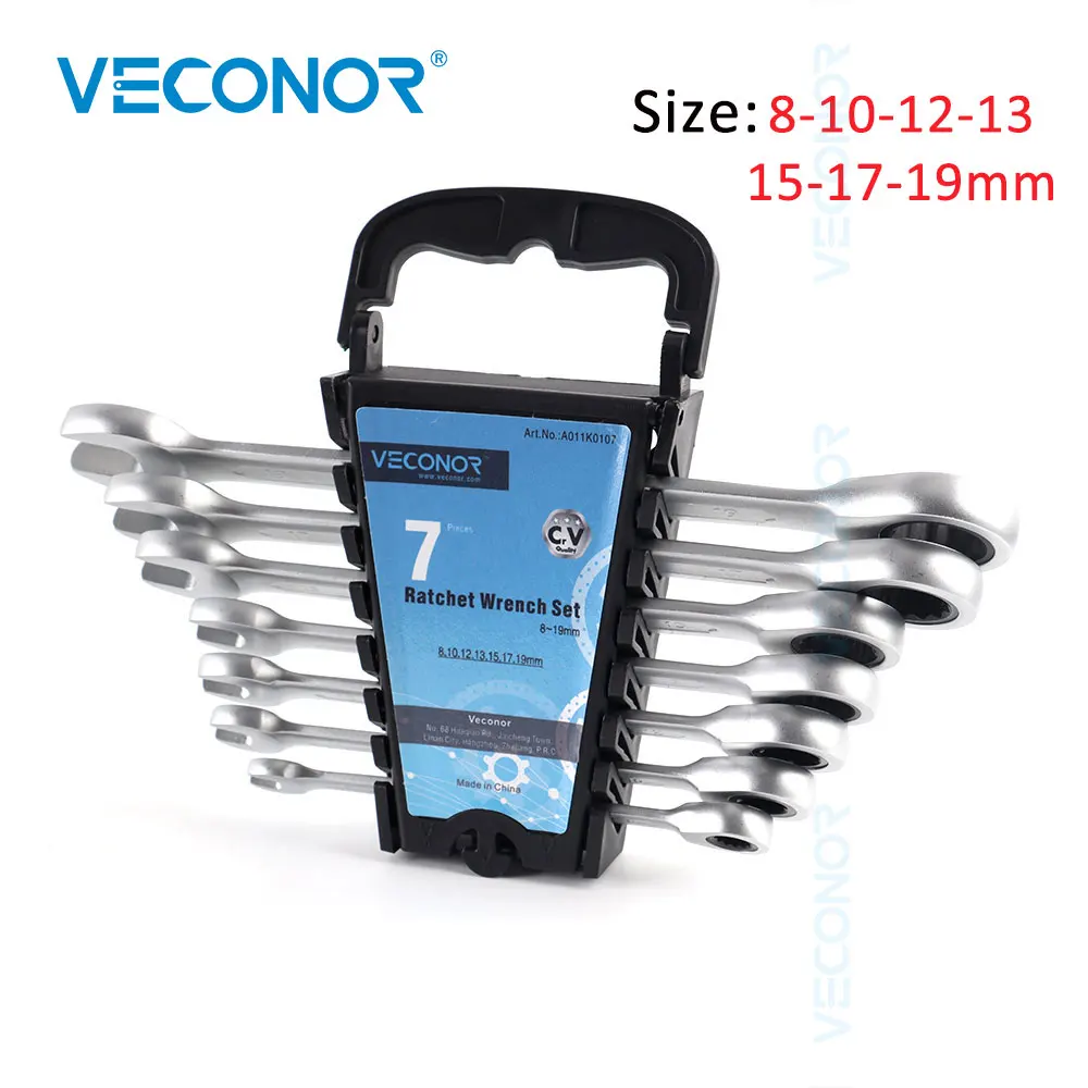 

7Pcs Ratchet Wrench Spanner Tools Set 8-19mm Sizes 72-Teeth Ratcheting Head Dull Polished Key Wrenches Tool with Rack for Repair