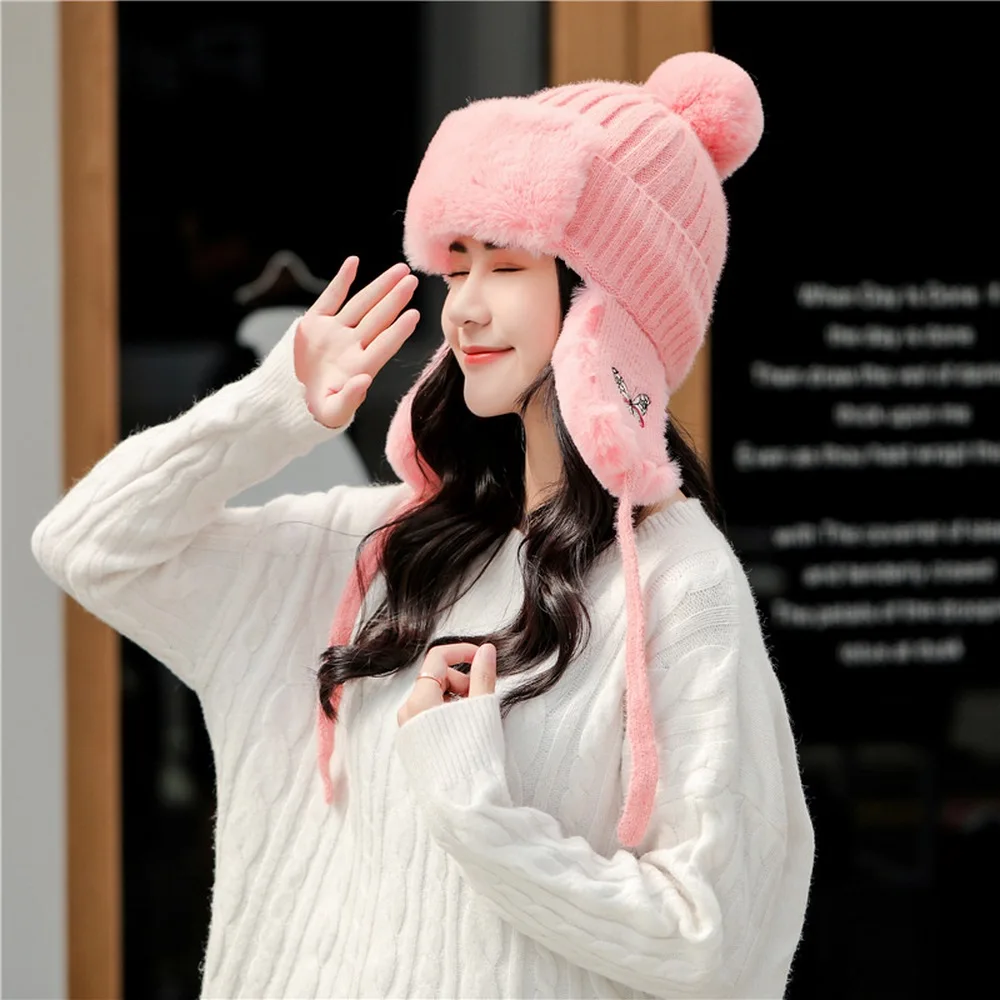 

Female Bomber Hats Winter Caps for Women Wool Tab Plus Thick Velvet Keep Warm Outdoor Cycling