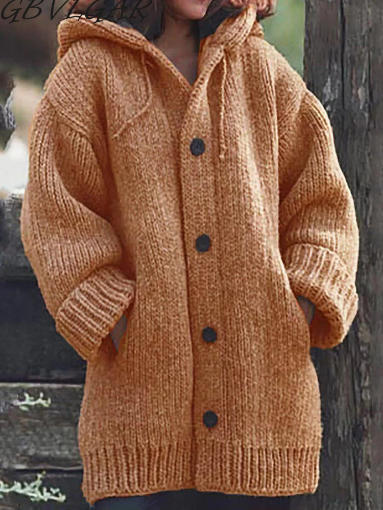 

Women Long Cardigan Oversized Hooded Button Sweater Women's Cardigans Sweater Coat Warm Sweater Coats Loose Wool Knitted Coat