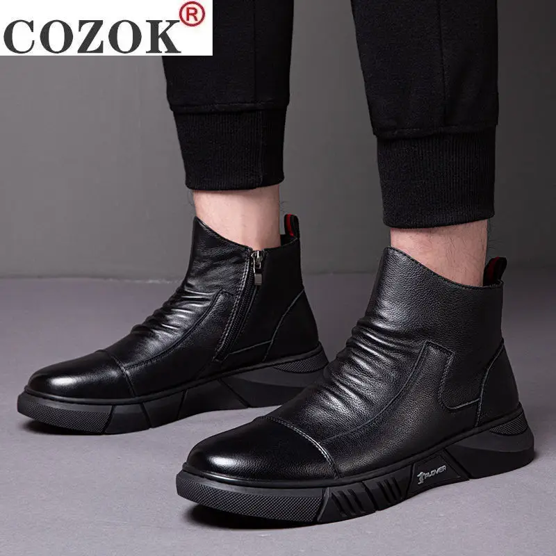2020 Winter New Boots Male British Style Korean Tooling Trendy Shoes Plus Velvet Warm Cotton Shoes Middle Cut Men's Boots