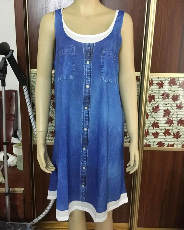 Women 2022 Loose Boho Vintage False Denim Ruffles Pocket Button Dress Large Big Summer Elegant Party Beach Dresses Plus Sizes