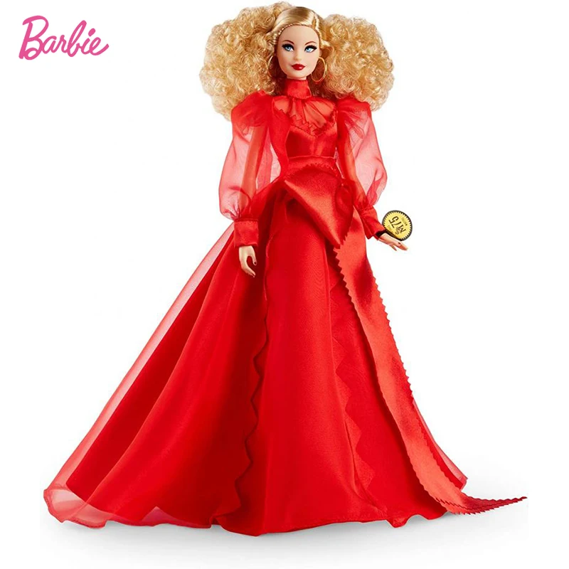 

Barbie Collector Mattel 75Th Anniversary Doll Red Chiffon Gown Blonde Collection Doll Toy for Girl Gift