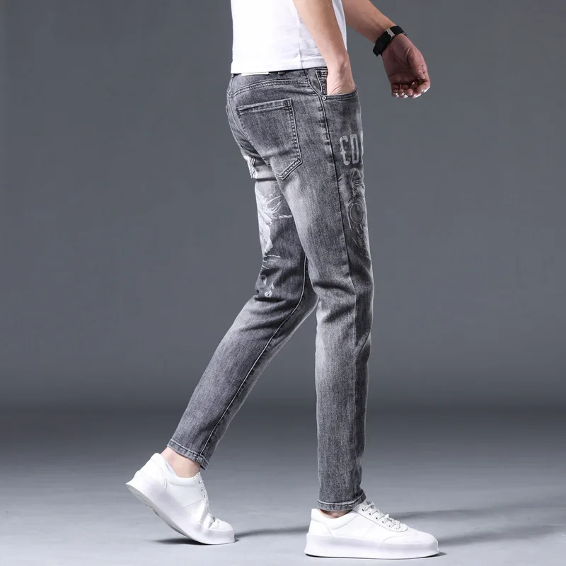

Luren 2021 Spring and Summer Thin Fashion Brand Jeans Men's Slim Fit Skinny High-end Smoky Gray Printed Personalized Men's Pants