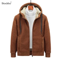 mens winter jacket fashion faux lamb wool hooded casual jacket plus fleece hooded sweater winter warm sports and leisure tops
