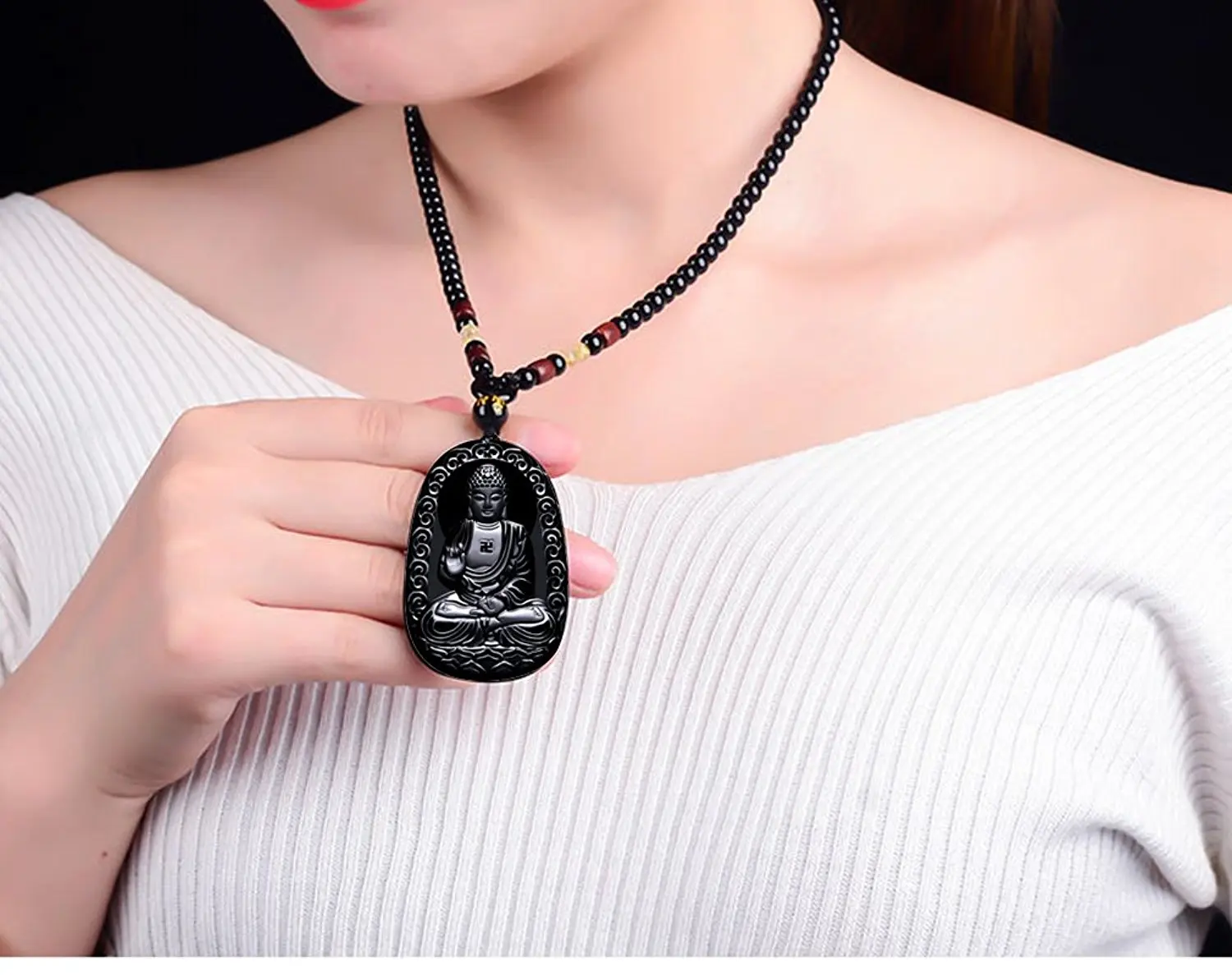 LETSFUN Fine Jewelry Clin-kk Pure Natural Obsidian Sakyamuni Tathagata Amitabha Buddha Statuary Necklace Pendant Free Shipping | Украшения