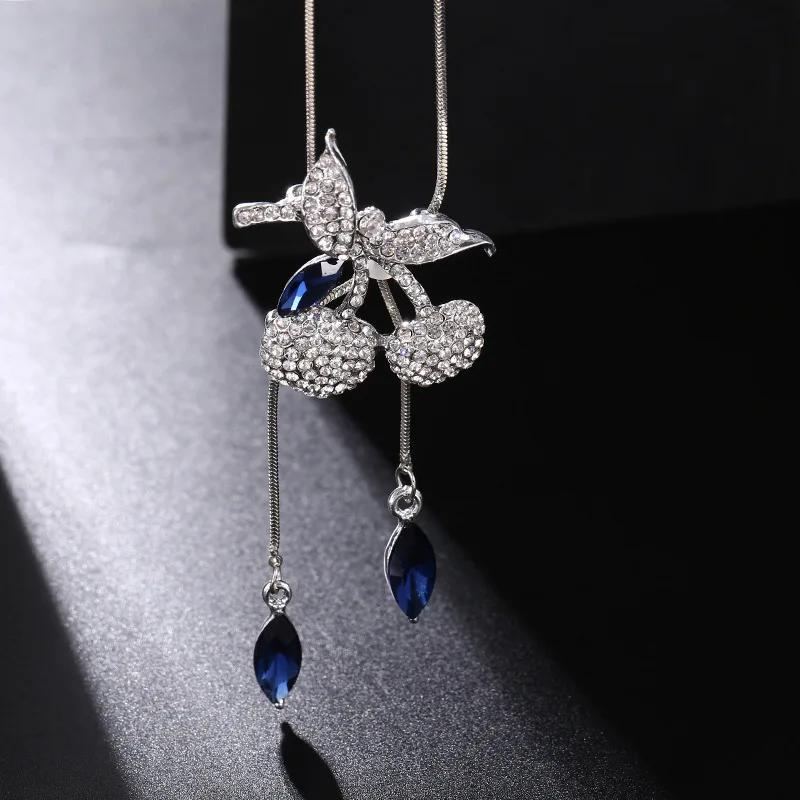 

Full Of Clear Rhinestone Cherry Fruit Necklace For Women Trendy Long Dress Sweater Shopping Party Accessories