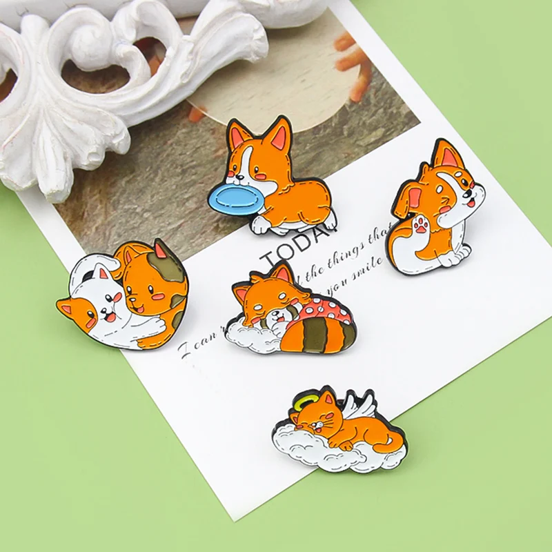 Эмалированные броши в виде мультяшных кошек собак животных обнимающих корги для