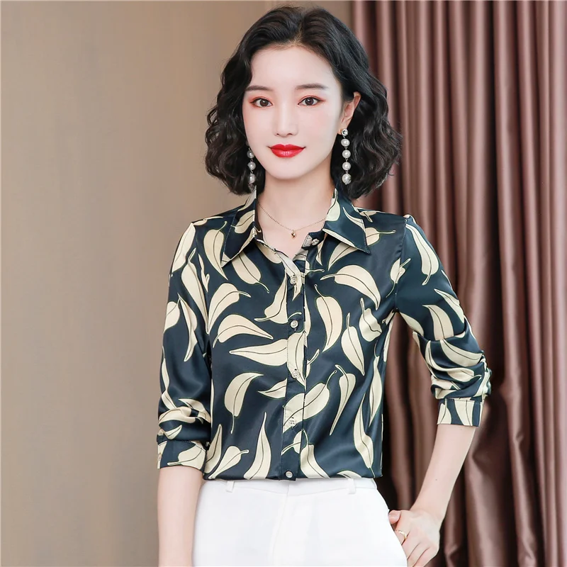 

Korean Fashion Silk Women Blouses Office Lady Leaf Pattern Shirt and Blouse Satin Womens Tops and Blouses Plus Size XXXL