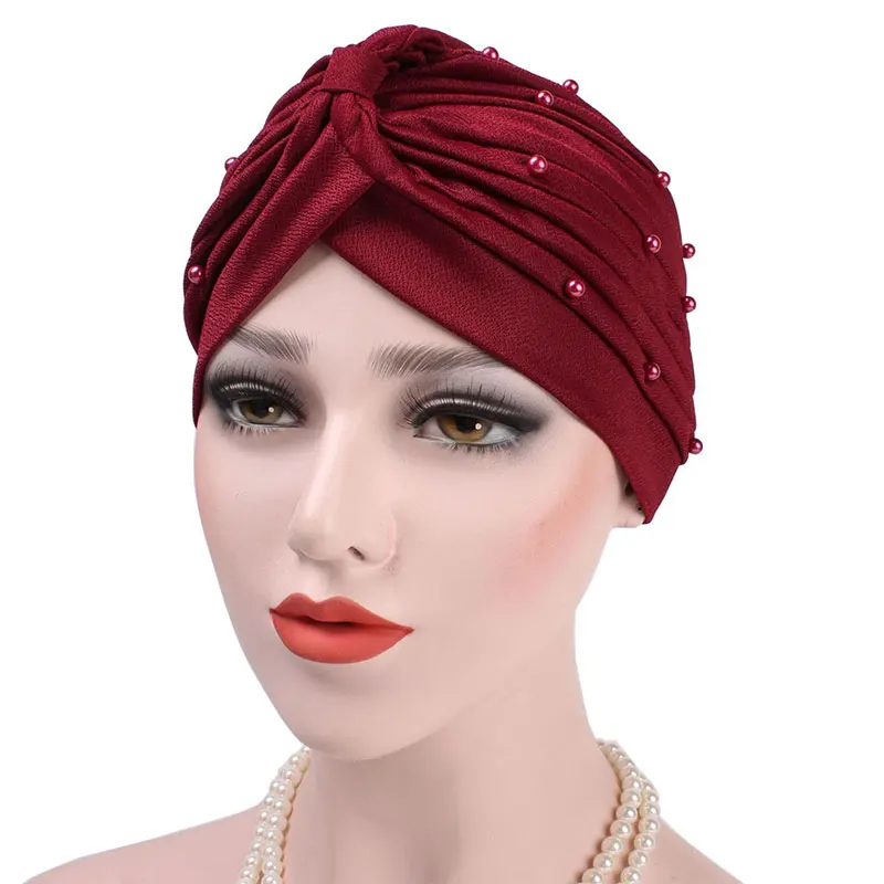 

Muslim bead Turban Hat Winter Fall Women Elastic Cotton Ruffle B Cancer Chemo Beanies Cap Headwear Wrap Plated Hair Accessories