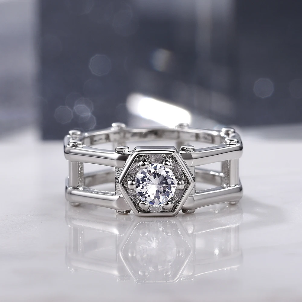 JK Modern Design Women Wedding Rings Geometric Shape Hollow Out Band Round Cubic Zirconia Stylish Versatile Female Jewelry
