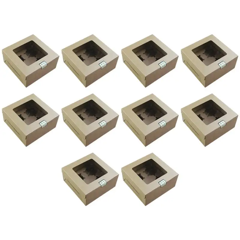 

10Pcs Kraft Paper Cupcake Box 4 Holders With Clear Window Wedding Birthday Party Cake Box Cupcake Packaging Box Wholesale
