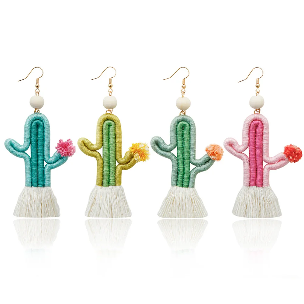 

BOHO Cactus Tassel Earrings for Women Summer Mini Wooden Bead Weave Tassel Earrings Jewelry Wholesale