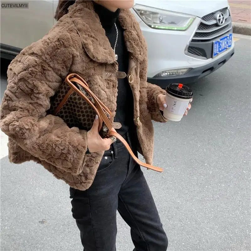 

2021 New Winter Solid Elegant Lambswool Women Female Outwear Padded Coat Thick Warm Loose Casual Jacket