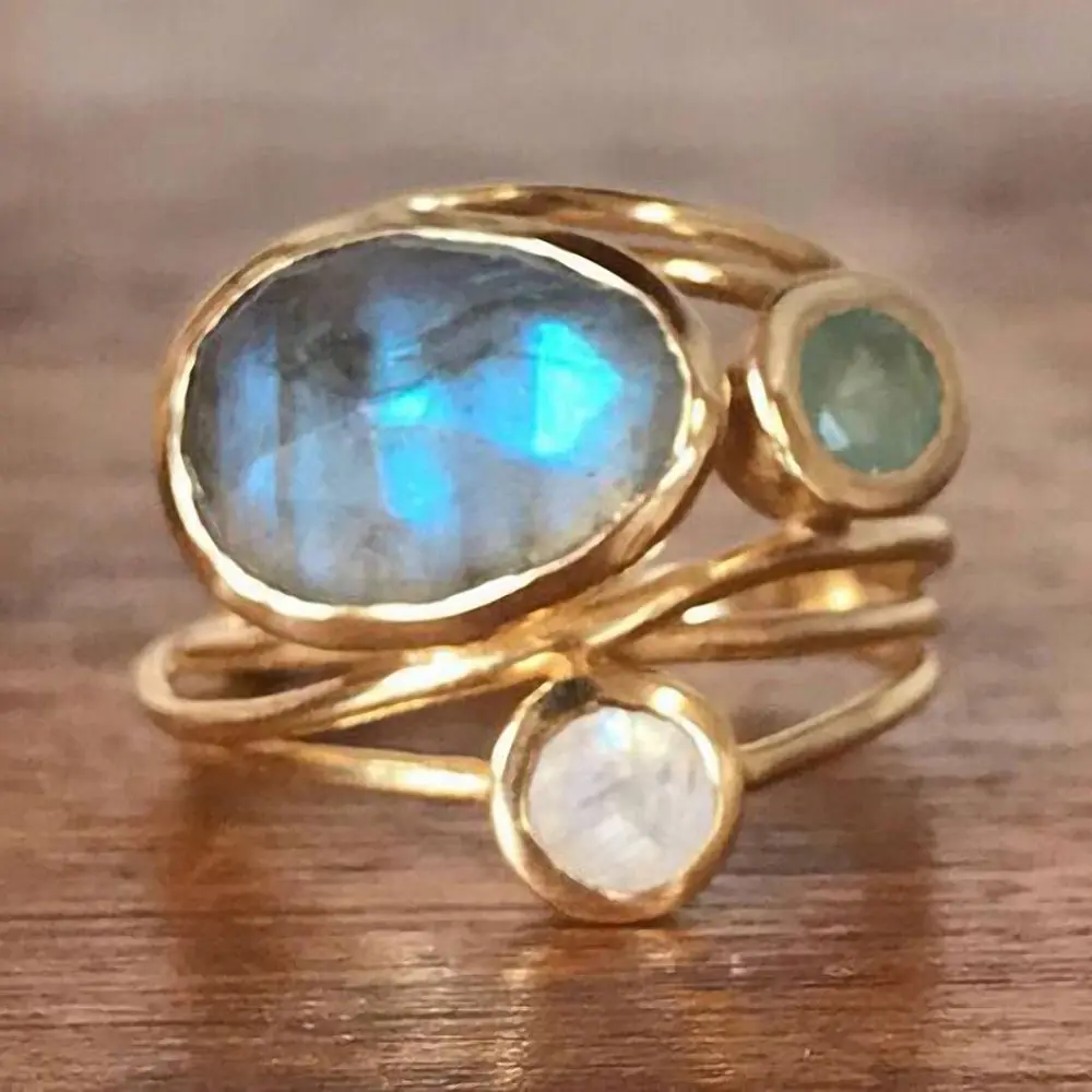 1 Pcs Vintage Ethnic Moonlight Stone Rings Exaggerated Hollow Gothic Discolor for Women Fashion Jewelry Wedding Girl Gifts | Украшения и