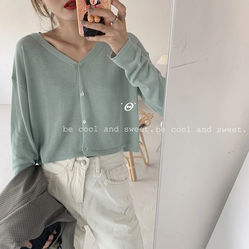 Женский короткий кардиган на пуговицах универсальный Свободный Вязаный топ с V