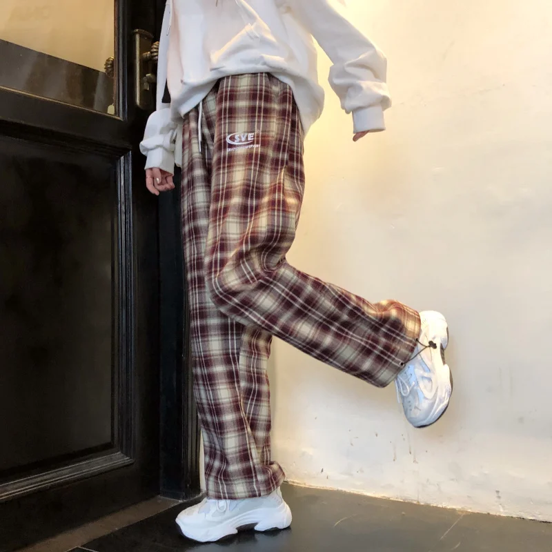 

Spring New Loose Letter Embroidery High Waist Wide leg Pants Girls Straight pants Wild Plaid Casual Pants College style Korean