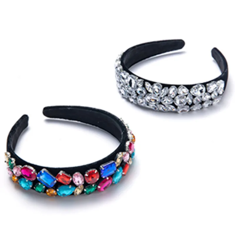 

New European Vintage Baroque Headband Full Colorful Crystal Flowers Rhinestone Hairbands Crown Pearl Hair Jewelry Accessories