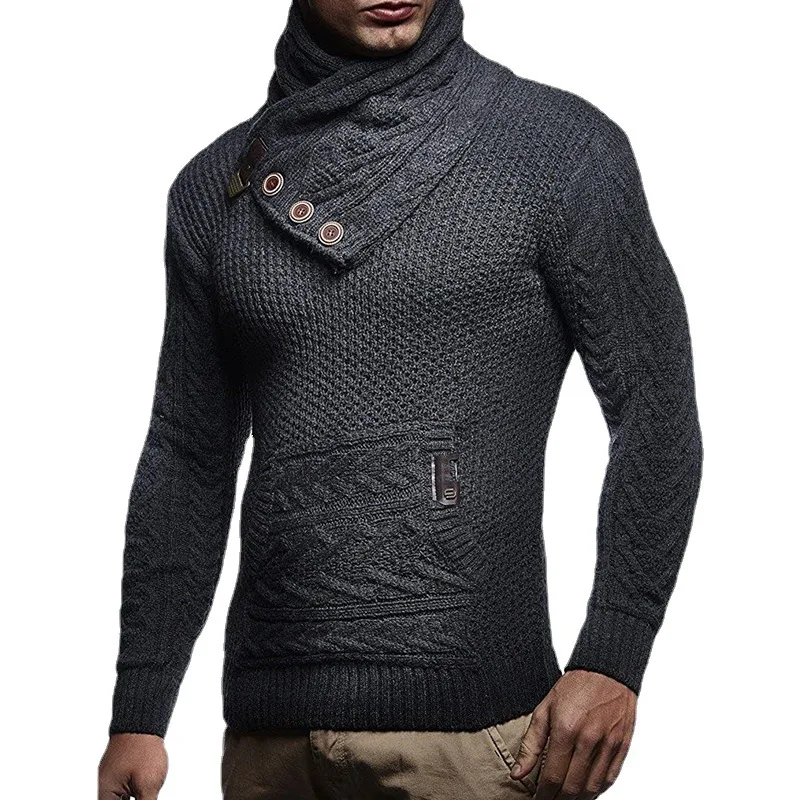 Autumn and winter 2021 European and American men's sweater solid color button high neck sweater large men's wear