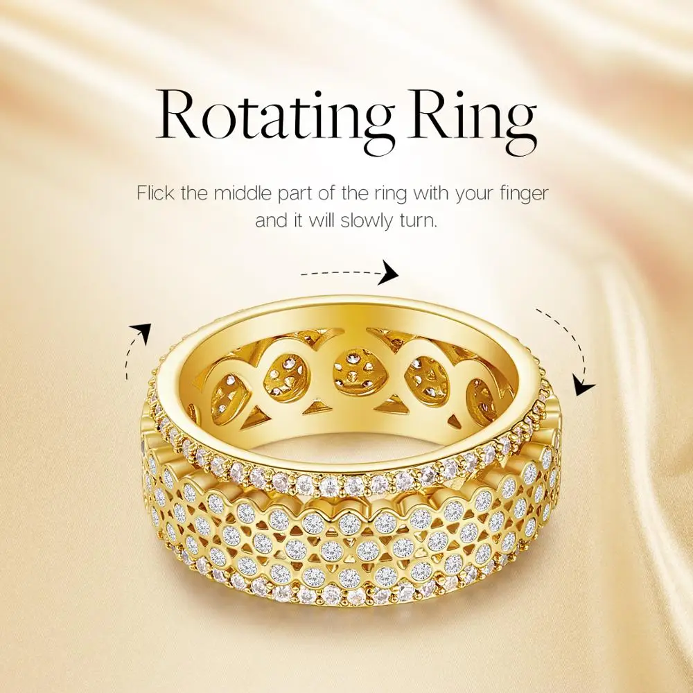 CDE Brand Trendy Wedding Women Finger Ring Cubic Zirconia Rotating Rings Champagne Gold Gorgeous Female Daily Jewelry Gift | Украшения и