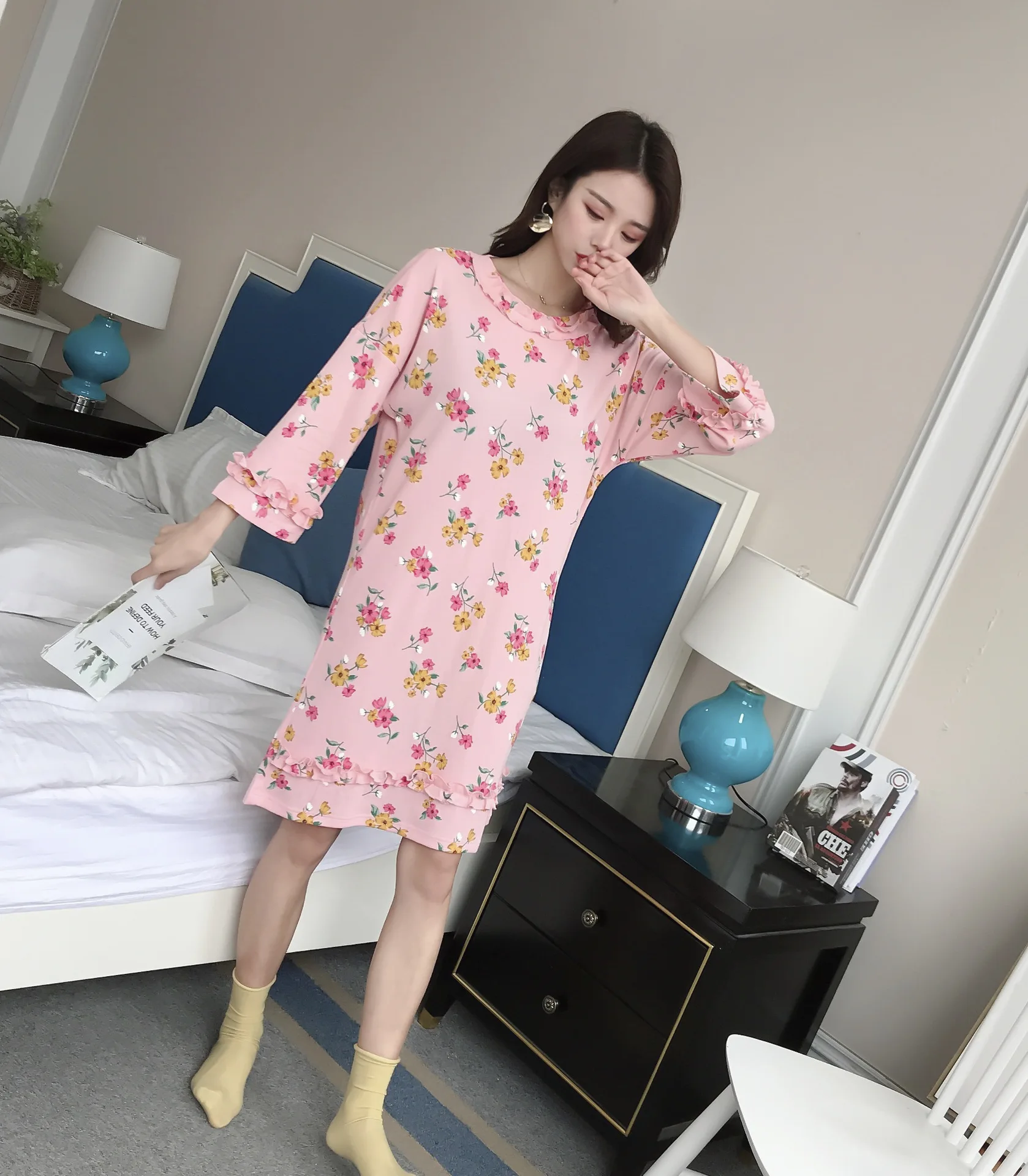 

Knitted Waffle Cotton Womens Nightgown Sleepwear Round Neck Three Quarter Sleeping Dress Ropa Para Dormir Mujer Sleepshirts
