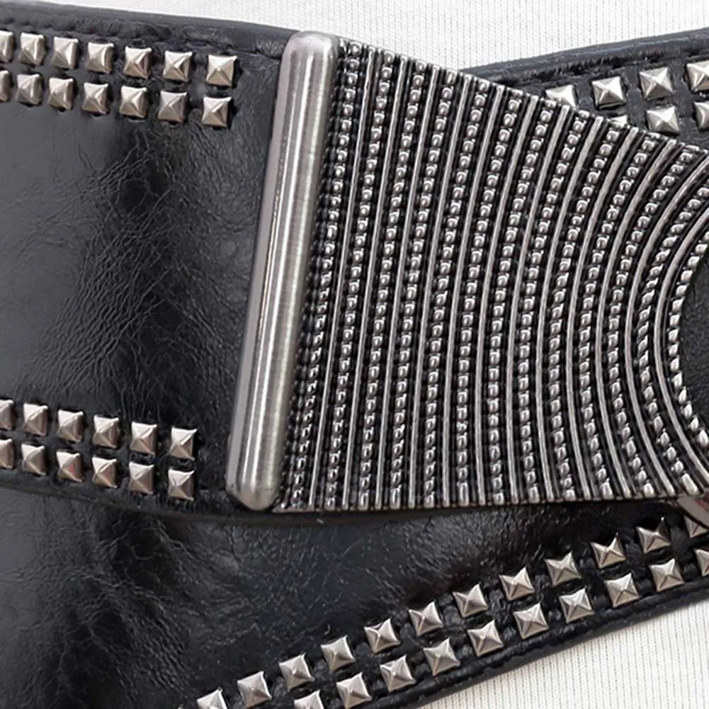 

Women PU Leather Punk Waistband Belt Wide Elastic Fashion with Studded Rivets K2