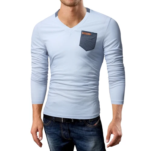2017 men's new casual long-sleeved T shirt pocket spell color fashion V-neck | Мужская одежда