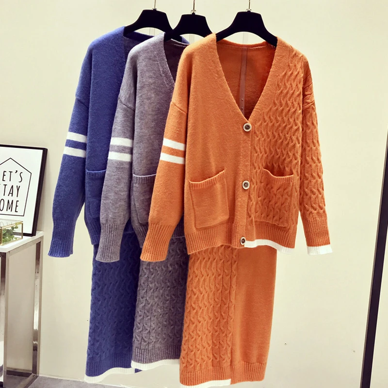 

knitted sweater 2 piece set women coat top cadigan and skirt suits winter autumn outfits matching sets knit 2pcs clothing