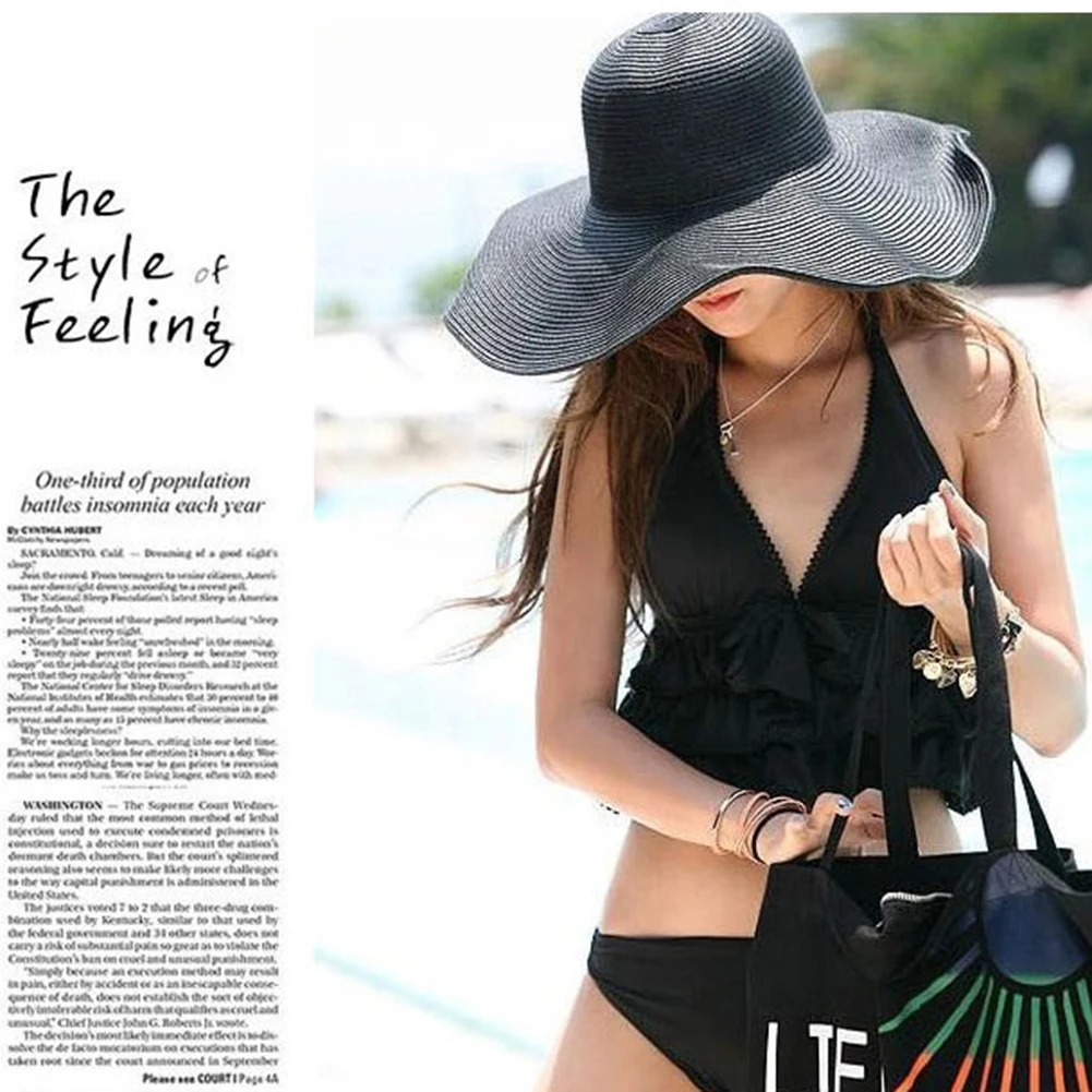 Fashion Floppy Straw Hats Casual Vacation Travel Wide Brimmed Sun Foldable Roll Up Beach Hat For Women With Big Heads |