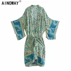 Женское винтажное кимоно с цветочным принтом, V-образным вырезом и рукавами летучая мышь