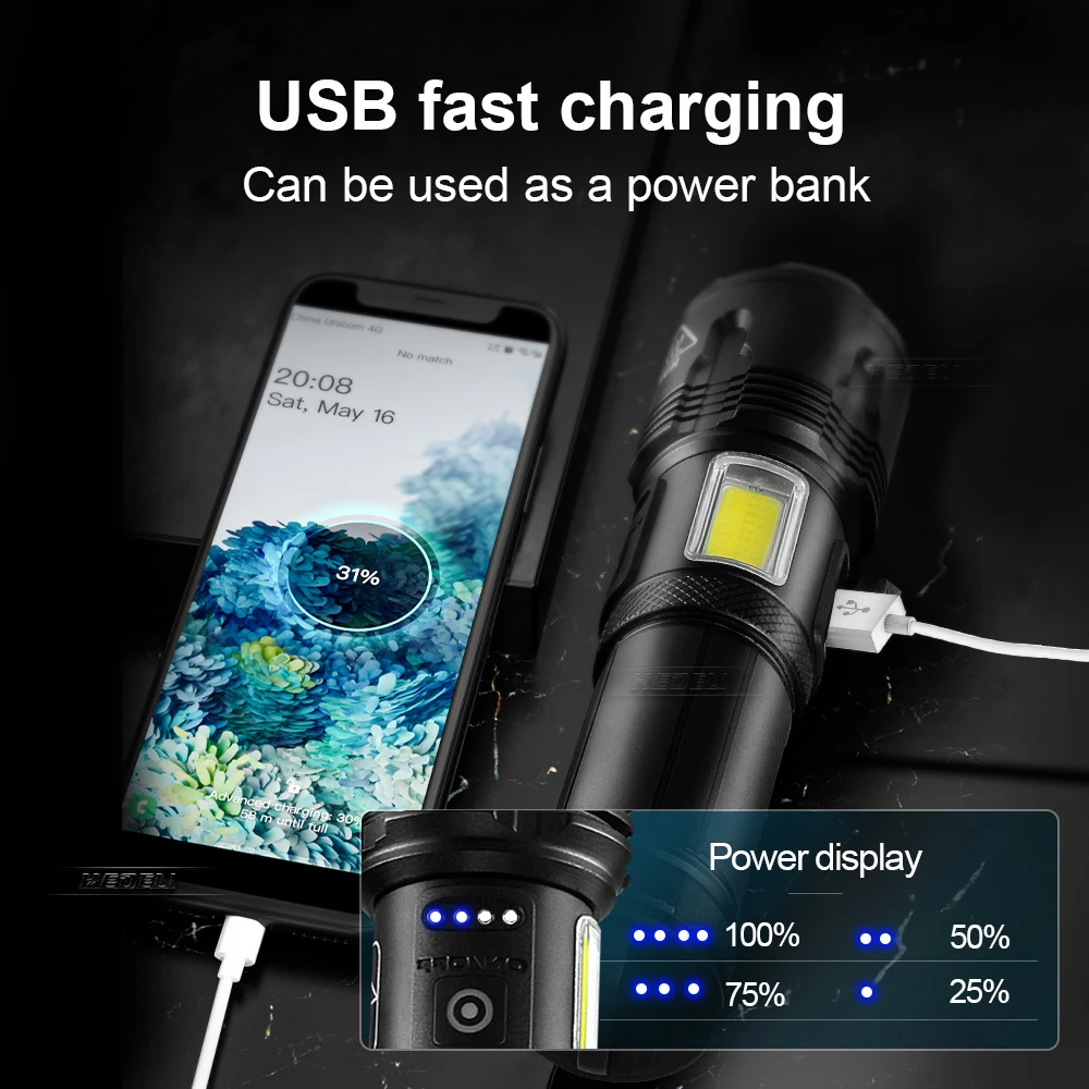 Фонарик XHP120 суперяркий перезаряжаемый USB 18650 мощности | Освещение