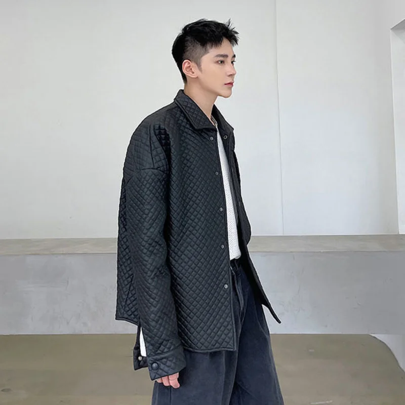 Куртка мужская черная однобортная в клетку из ПУ кожи на осень/зиму | Мужская