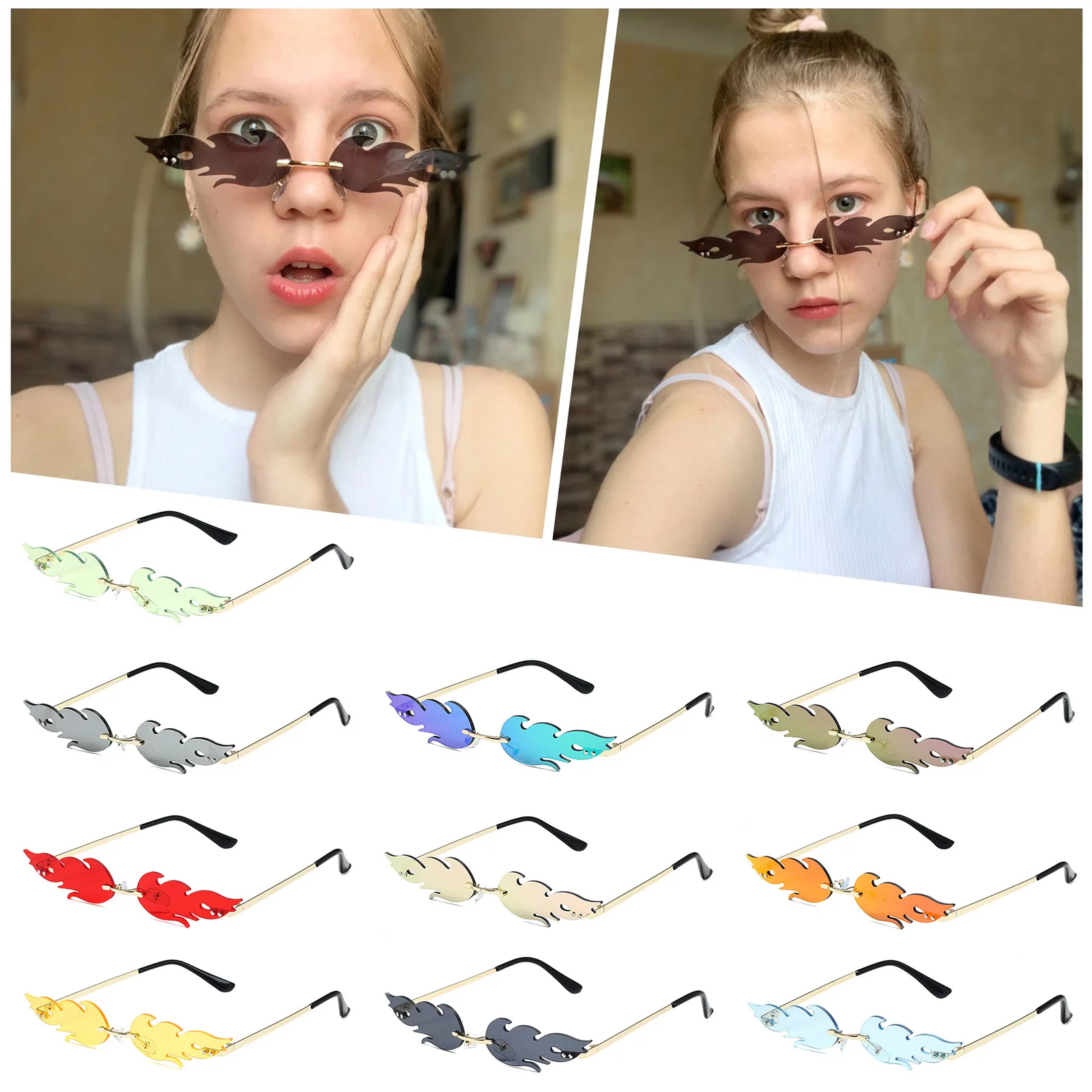

Adult Fire Glasses Flame Rimless Wave Glasses Fashion Metal Shades Vintage Women Mirror Eyewear Uv400 Fire Flame Sunglasses