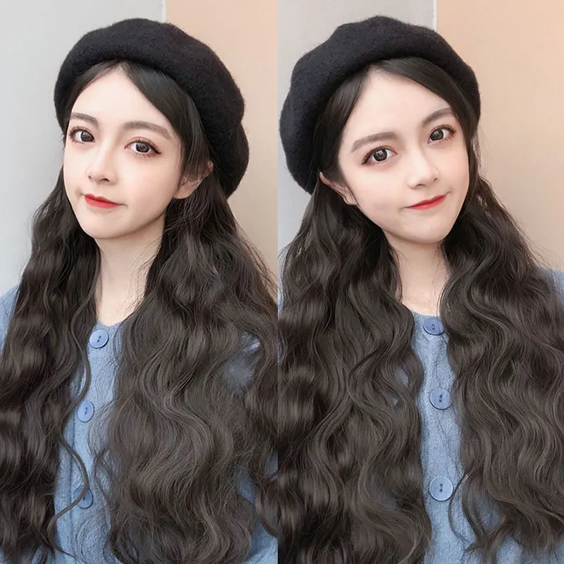 

Synthetic Long Wavy Hair with Hat Wig Natural Hair Color Brown Black Hair Extensions for Women Girl Winter Warm Beret MUMUPI