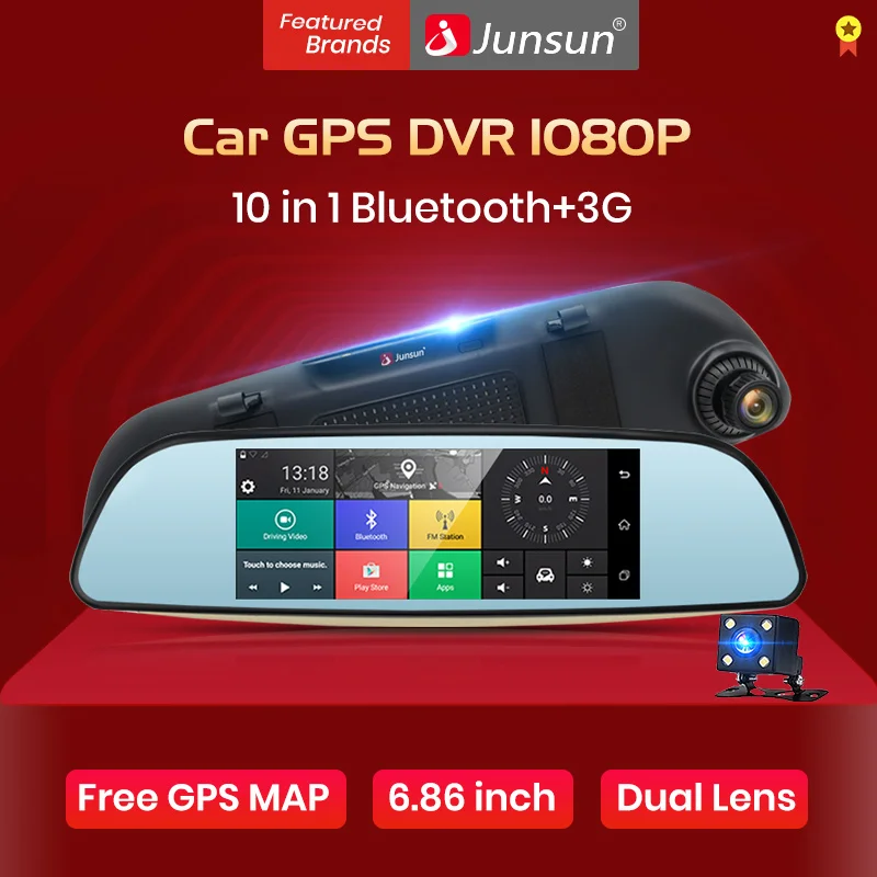 Junsun E515 Автомобильный видеорегистратор 3 г зеркало 6.8" регистраторы Full HD 1080 P видеомагнитофон Камера Android 5.0 gps зеркало заднего вида Регистратор