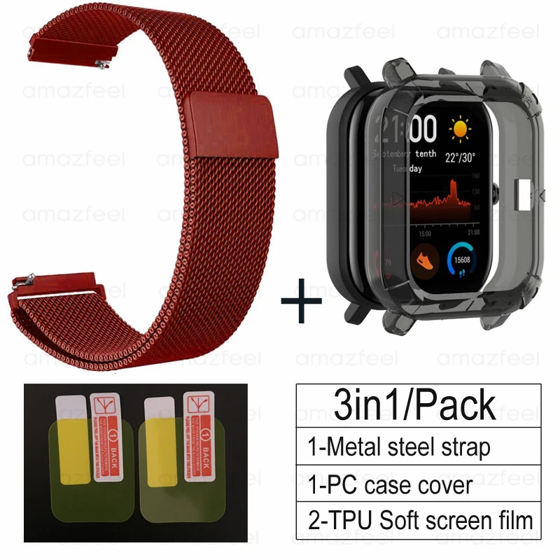 red-black 3в1 Для Amazfit GTS ремешок+ ТПУ чехол для Huami Amazfit gts Smartwatch Защитная пленка для экрана браслет ремешок на запястье - Цвет: red-black