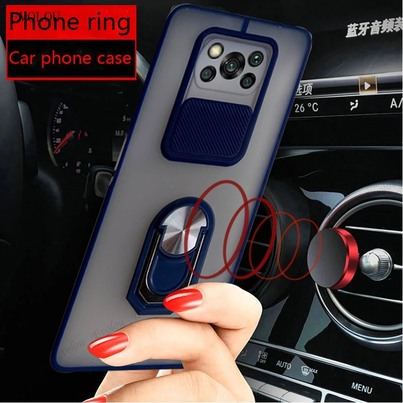 Matte Shockproof Ring Stand Phone Case For Xiaomi Poco X3 NFC Mi 11T 10T Redmi Note 9 Pro 11 Slide Camera Lens Protection Cover images - 6