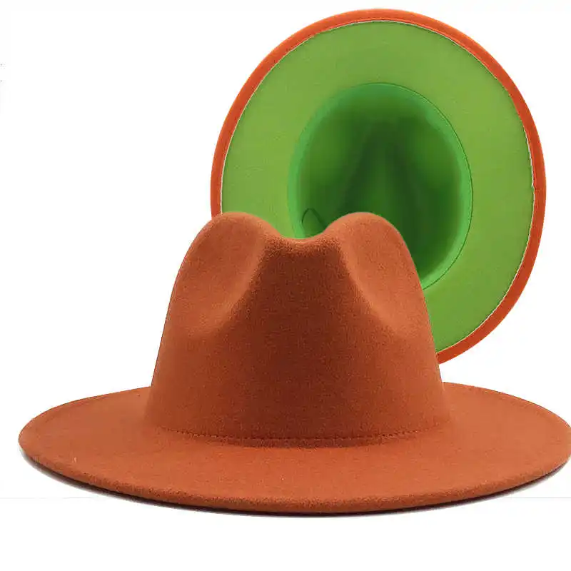 orange Simple Outer Inner green Wool Felt Jazz Fedora Hats with Thin Belt Buckle Men Women Wide Brim Panama Trilby Cap 56-58CM