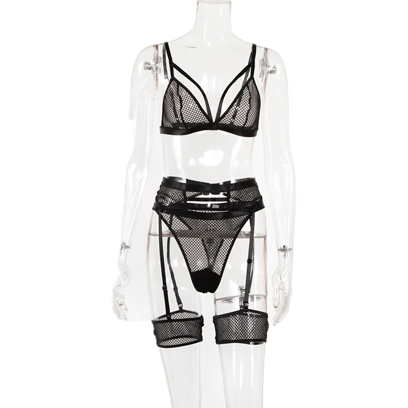 

Women's Sexy Lingerie Set Multiple Size Lace Mesh Exotic Costumes Underwear Set Translucent Seductive Ladies Bra+Thong+Garter