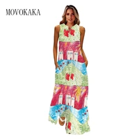 movokaka spring summer long dress 2022 beach casual holiday long dresses woman party sleeveless fashion cartoon print maxi dress