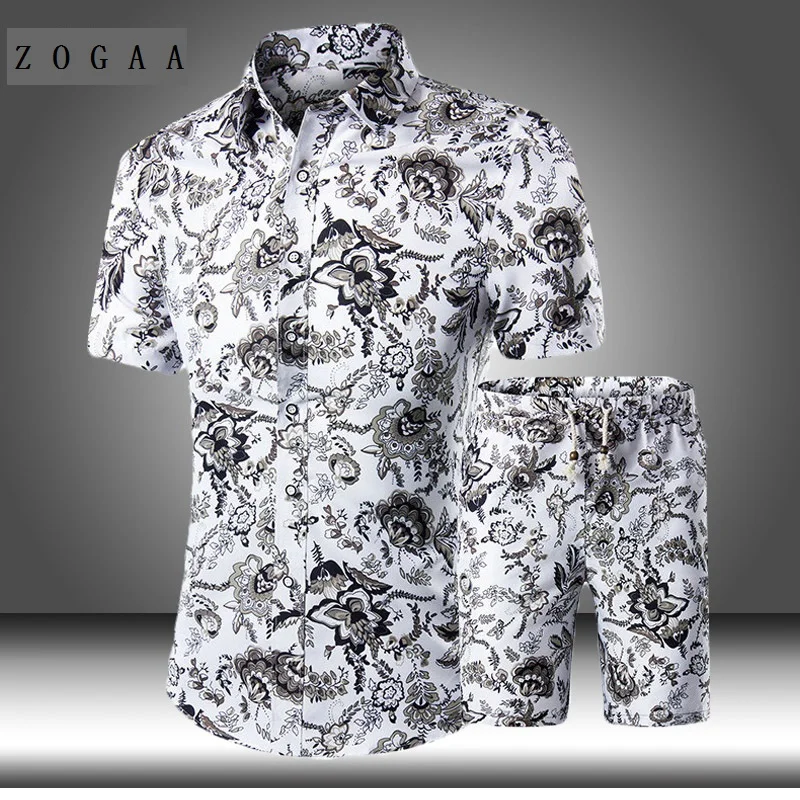 

2 Pieces Sets Summer Featured Printing Tracksuit Men Casual Fashion Floral Print Shirts+Shorts Set Mens Beach Hawaiian Clothing