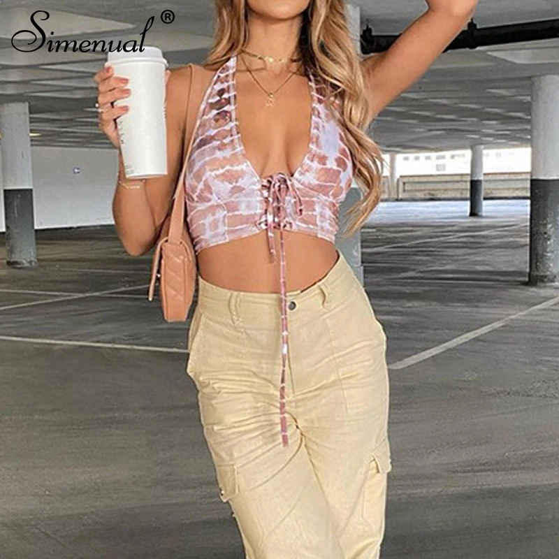 

Simenual Tie Up V Neck Tie Dye Women Halter Tops Street Style Vintage Ribbed Printing Backless Cropped Top Skinny Baddie Clothes