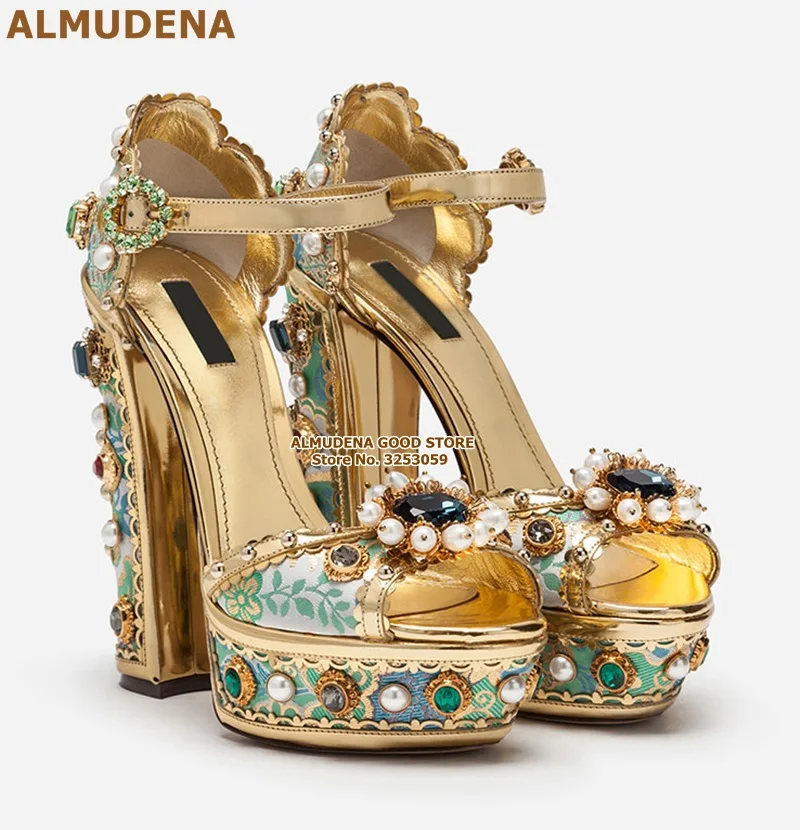 ALMUDENA/Босоножки на платформе, Украшенные бусинами, на массивном каблуке, украшенные стразами; свадебные туфли-лодочки в стиле ретро, синего, золотого цвета, украшенные стразами