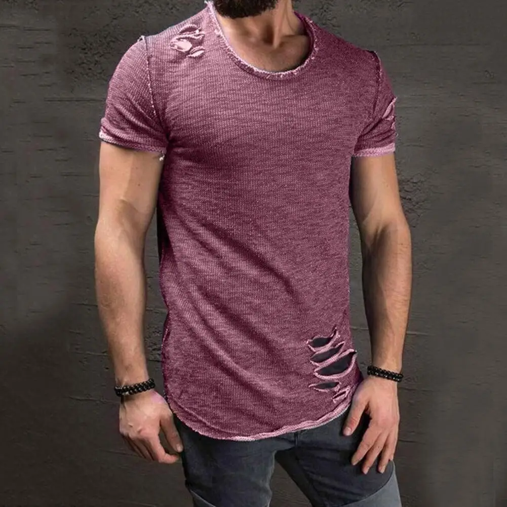

Summer T-shirt Solid Color Short Sleeve Cotton Blend Hole Design Top Pullover 2021 High Street Summer Casual Cotton Top for Men
