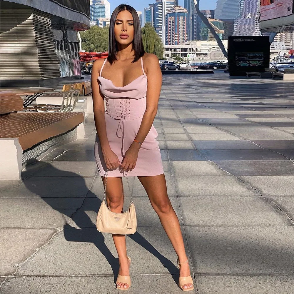 

2021 summer creative women's dress with one-neck halter strap short skirt waist seal belt waist bag hip dress suspender dress